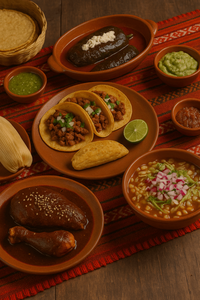 Mesa con plato tradicional mexicano que incluye tacos, mole, chiles rellenos, guacamole, y sopas, decorada con manteles de colores vibrantes.
