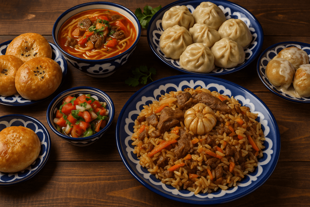 Bir masada çeşitli Özbek yemekleri; plov (pirinç pilavı), mantı (buharda pişirilmiş hamur işi), sebze salatası ve yanında tandır ekmekleri, geleneksel tabaklarda sunulmuş.