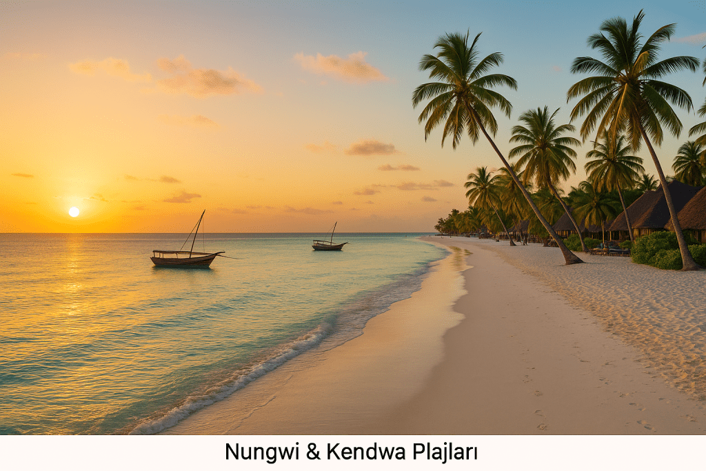 Nungwi ve Kendwa Plajları'nda gün batımı manzarası, palmiyeler ve deniz tekneleri ile huzur verici bir plaj görüntüsü.