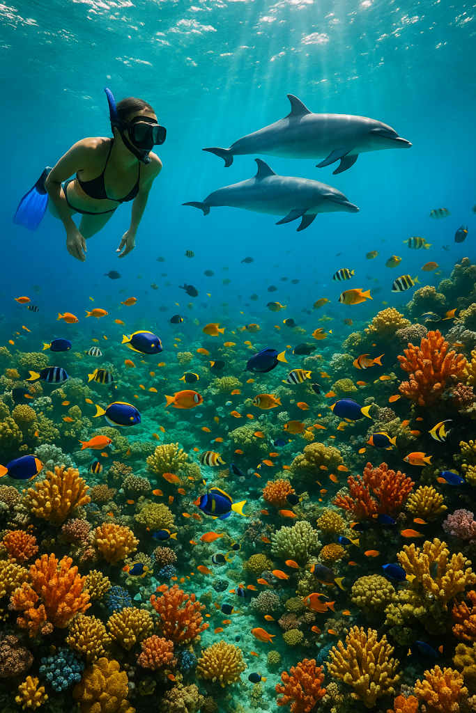Bir dalgıç, renkli mercanların ve tropik balıkların bulunduğu suda, iki yunusla birlikte yüzüyor.