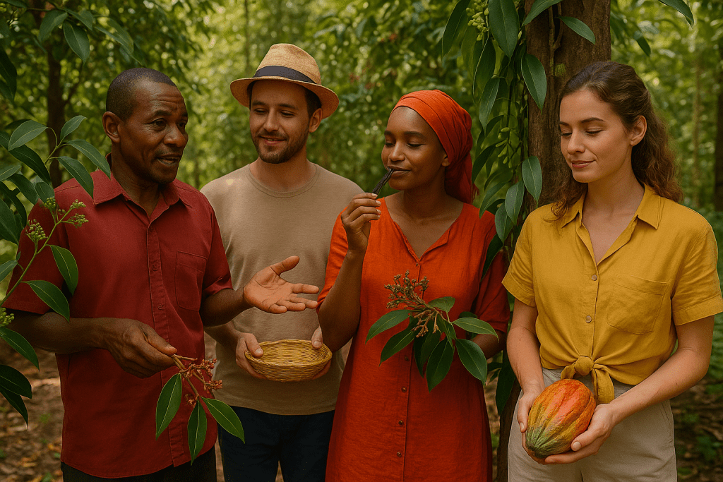 Zanzibar'daki bir baharat turunda, baharat ağaçları arasında dört kişi; bir adam baharat hakkında bilgi verirken, kadınlar farklı baharatları tanıyor.