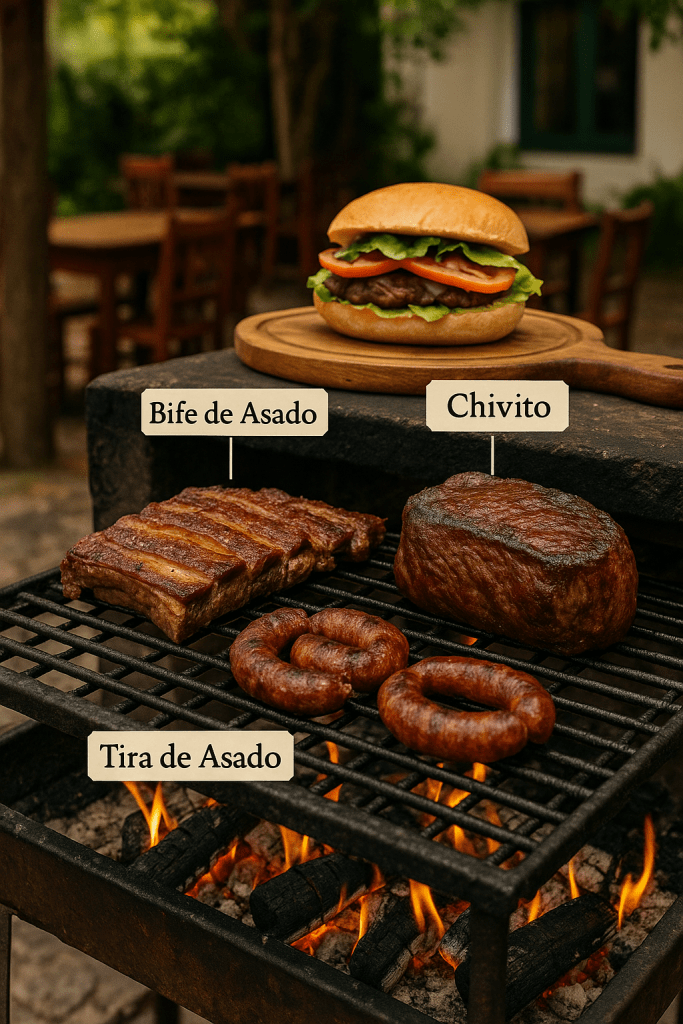 Asado türleri olan Bife de Asado, Tira de Asado ve Chivito'nun görseli, mangal üzerinde çıtır etler ve bir sandviçle beraber.