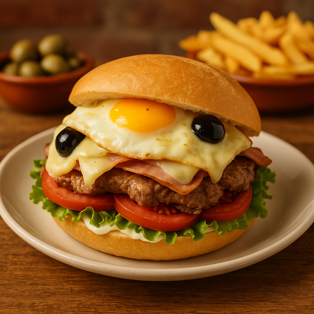 Bir tabakta büyük bir chivito sandviçi, üzerinde bir yumurta, şarküteri ürünleri ve sebzelerle birlikte. Arka planda kızarmış patates ve zeytinlerin bulunduğu bir kap yer alıyor.