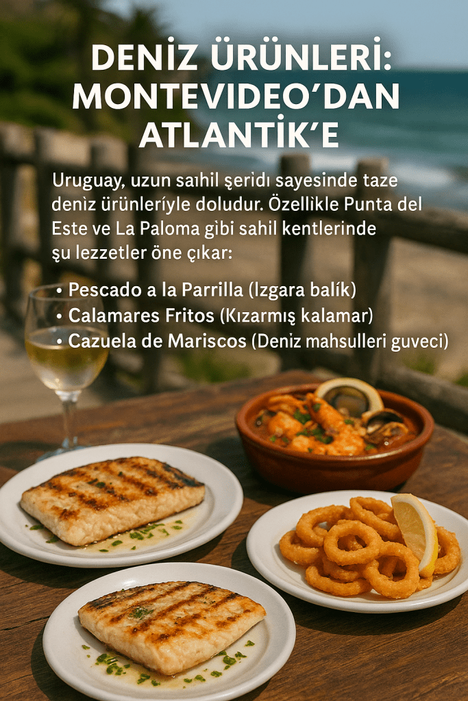 Izgara balık, kızarmış kalamar ve deniz mahsulleri güveci sunan bir masa, arka planda deniz manzarasıyla birlikte.