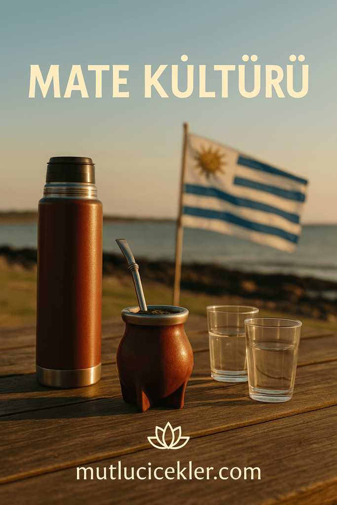 A wooden table with a thermos, a traditional mate gourd, and two glasses of water, with the Uruguayan flag in the background.