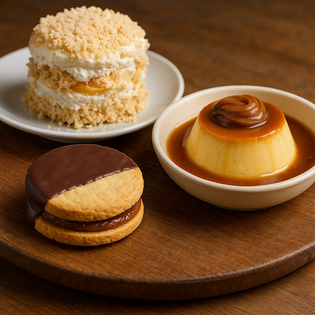 Bir tabağın üzerinde, Uruguay'a özgü tatlılardan oluşan üç farklı lezzet: üstte katmanlı krema ve şeftali içeren bir pasta, ortada bir karamel sos ile servis edilen flan, altta ise çikolata kaplı iki kurabiye arasında dulce de leche dolgusu bulunan bir atıştırmalık.