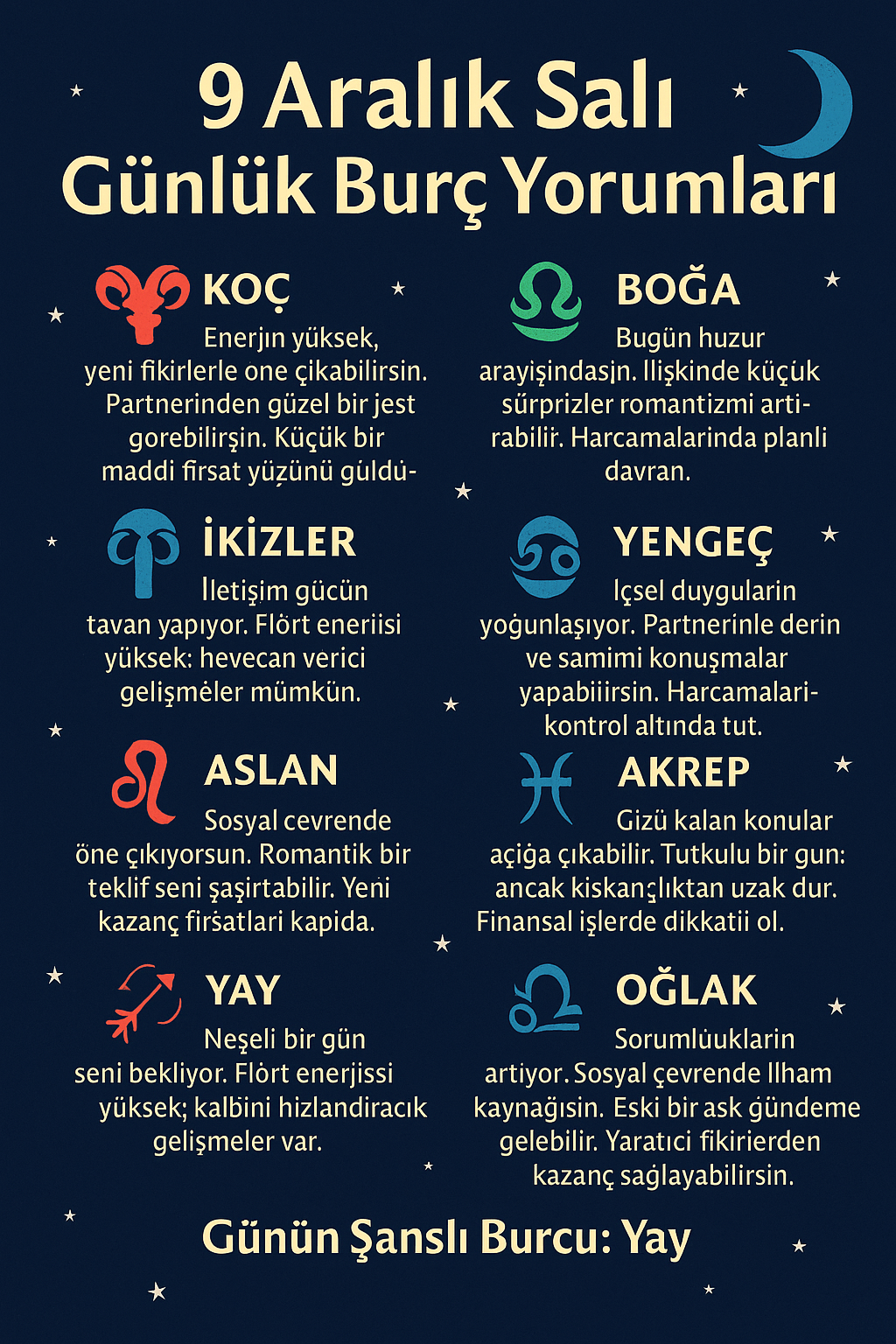 ✨🌙 9 Aralık Salı Günlük Burç Yorumları : Aşk, Para, Sağlık, Enerji ve Tüyolar