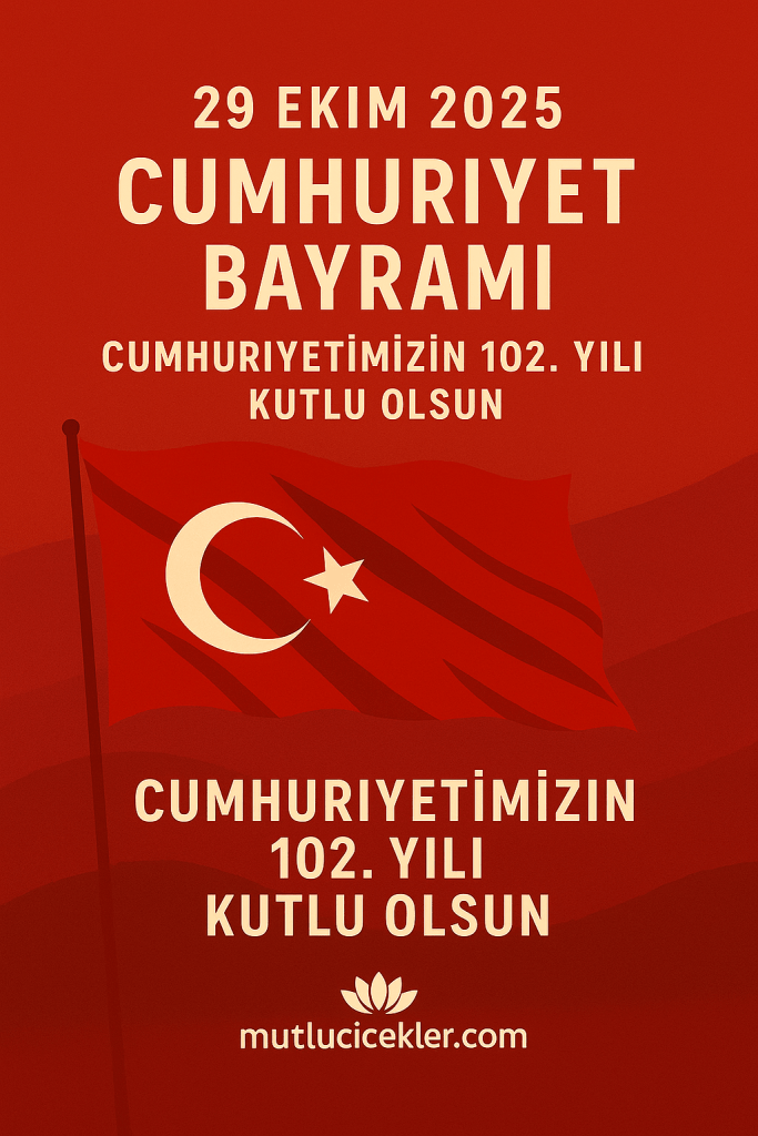 Cumhuriyet Bayramı'nı kutlayan ve Türkiye'nin 102. yılına özel bir tasarım içeren bir afiş.
