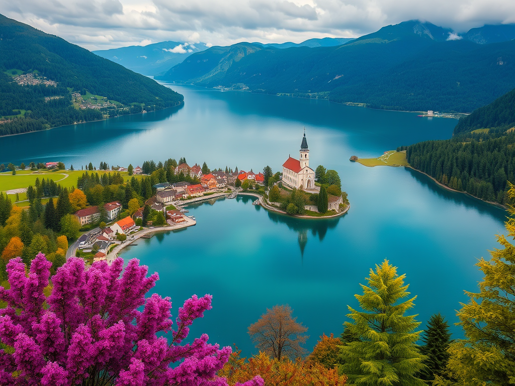 Bled Gölü üzerindeki adacıkta bulunan Kilise ve çevresindeki dağ manzarası, Bled köyünü benzersiz kılıyor. Ön planda pembe çiçeklerle kaplı ağaçlar ve sakin su manzarasıyla göz alıcı bir manzara sunuyor.