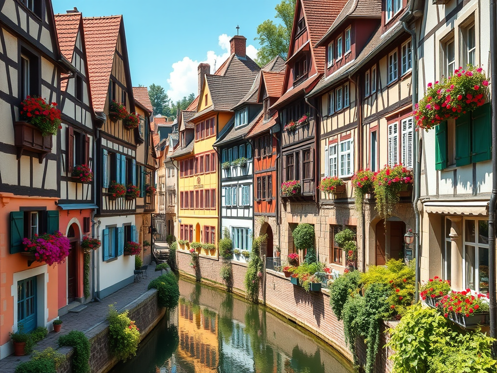 Renkli çiçeklerle süslenmiş eski tarz evlerin yer aldığı bir kanal kenarı manzarası, Alsace bölgesindeki sevimli bir köyü yansıtıyor.