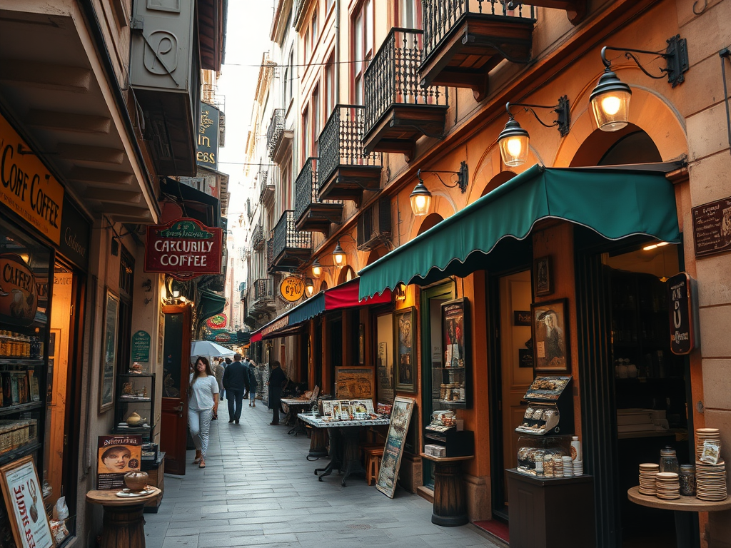 Gümülcine'nin eski çarşısında geçen bir sokak manzarası; dükkanlar, masa ve sandalyeler ile dekoratif lambalar dikkat çekiyor.