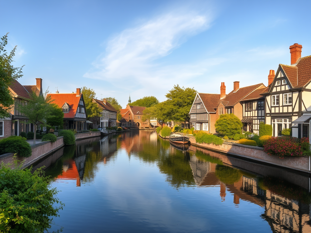 Bir su kenarında sıralanmış geleneksel evler, güneşli bir günde yansımalarıyla huzurlu bir görüntü sunuyor. Yeşil ağaçlar ve çiçeklerle çevrili sokaklar, dinlendirici bir atmosfer yaratıyor.