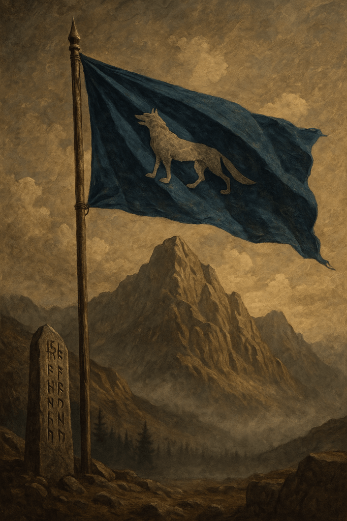 Göktürk bayrağının dalgalandığı bir dağ manzarası ve yanındaki yazıt taşları.