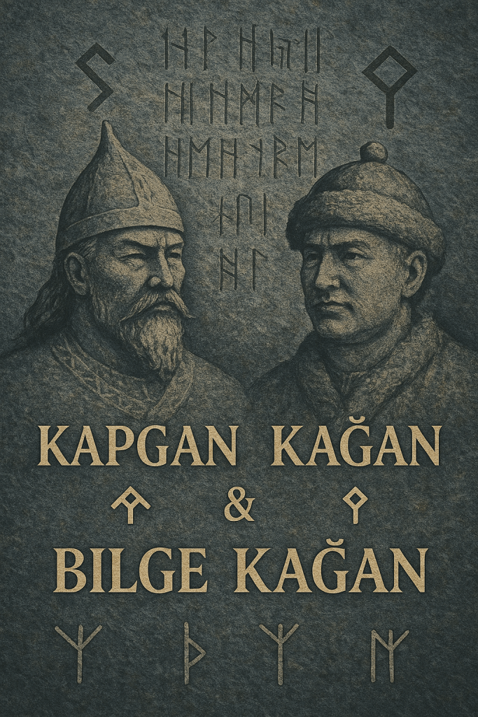 Kapgan Kağan ve Bilge Kağan'ı tasvir eden bir illüstrasyon, arka planda Göktürk alfabesi karakterleriyle.
