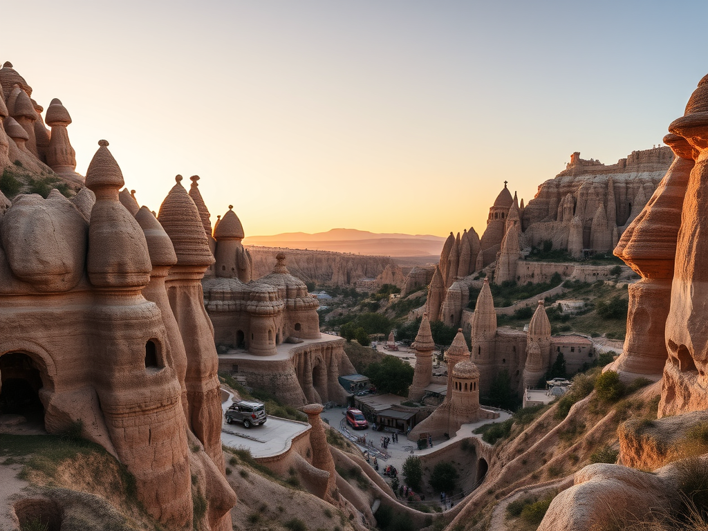 Göreme, Kapadokya'nın peri bacalarıyla çevrili, gün batımında altın renginde parlayan tarihi yapılarıyla büyüleyici bir manzaraya sahip. Tarihi mimari ve doğal güzelliklerin birleşimi.
