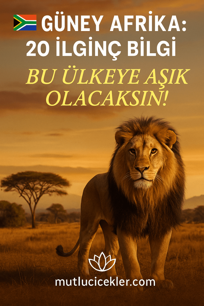 Bir aslanın Afrika'nın doğal ortamında durduğu ve gözlerinizi büyülediği bir manzara. Üstte 'GÜNEY AFRİKA: 20 İLGİNÇ BİLGİ' yazısı ve Güney Afrika bayrağı görünmektedir.
