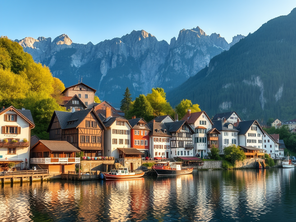 Göl kenarındaki tarihi taş evler, yemyeşil ağaçlarla çevrili ve arka planda dağ manzarasıyla huzurlu bir köy görüntüsü.