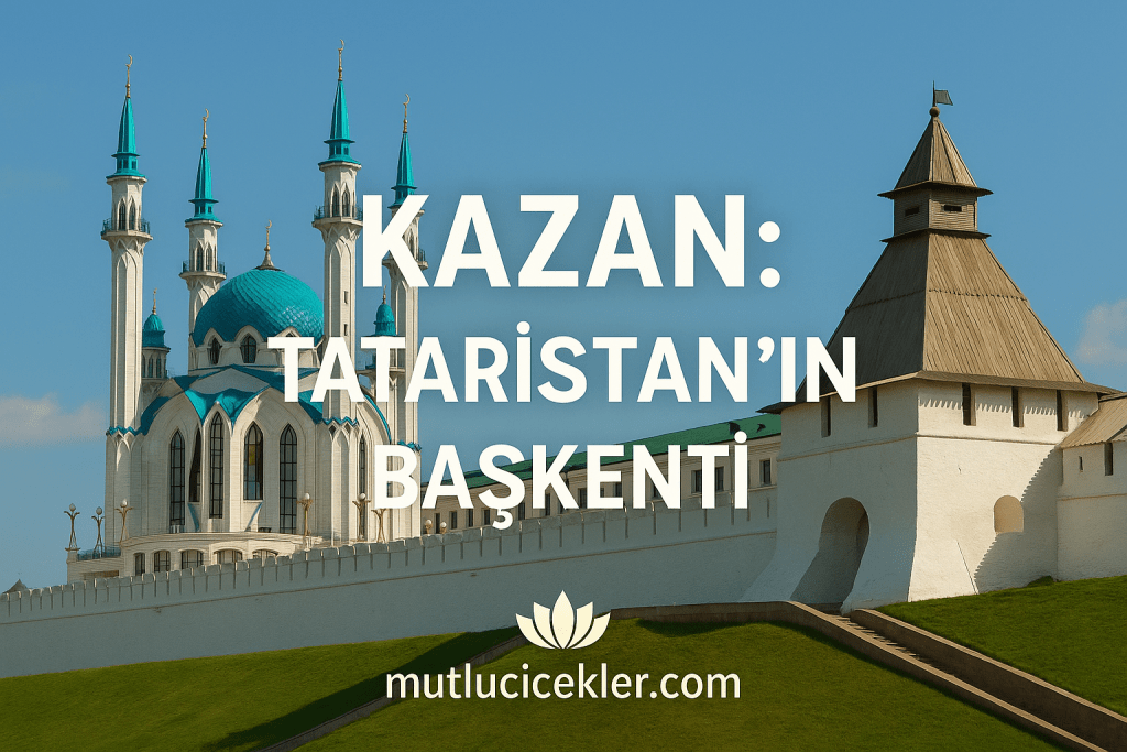 Kazan, Tataristan'ın başkenti olan bir şehri gösteren fotoğraf; arka planda mavi kubbeli bir cami ve beyaz bir kaleden oluşan tarihi yapılar var.