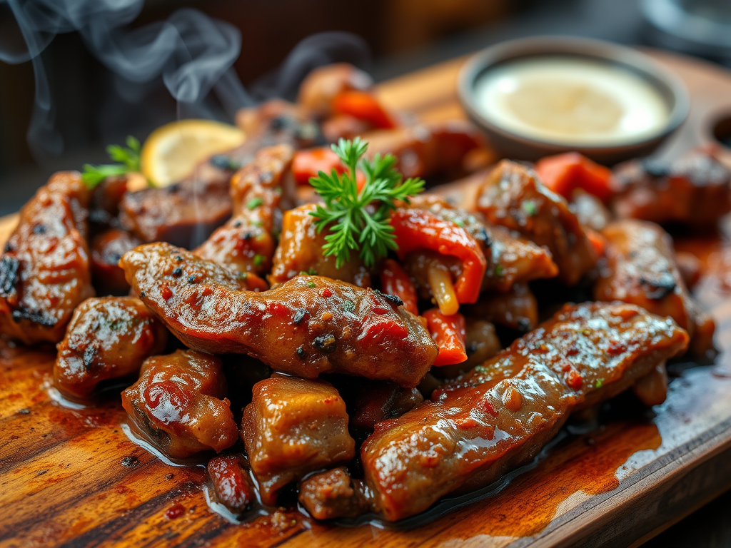 Taze hazırlanmış baharatlı kuzu eti, yanında sebzelerle servis edilir. Yemek sunumu ahşap bir tabakta yapılıp, arka planda buhar yükselmektedir.