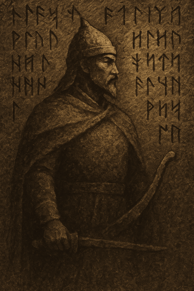 Mete Han'ın silahlı bir pozisyonda tasvir edildiği resim, arka planda eski Türk runik yazılarıyla birlikte yer alıyor.