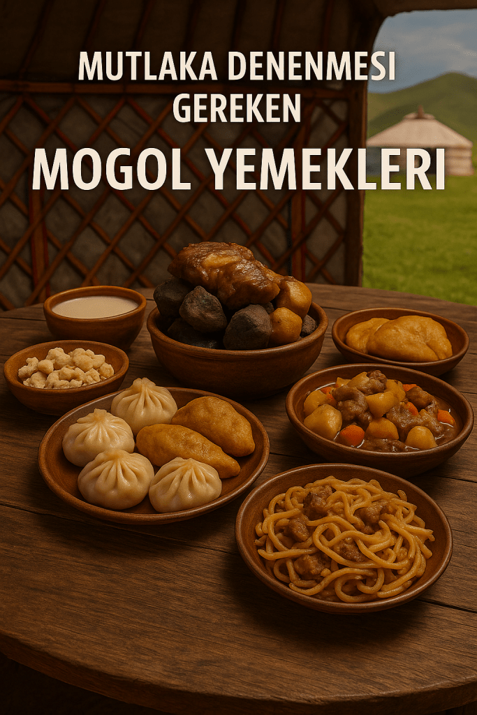 Moğol yemeklerinin tanıtıldığı bir masa, çeşit çeşit yemekler ve içeceklerle dolu. Ön planda buuz, khuushuur, boodog, khorkhog, tsuivan ve aaruul yer alıyor.