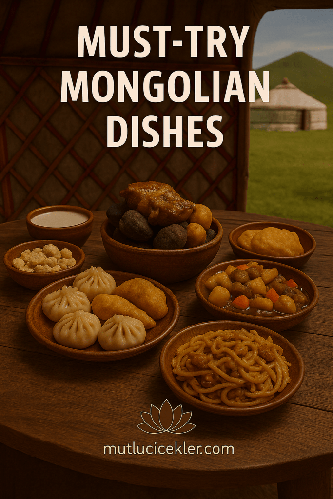 A wooden table spread with traditional Mongolian dishes, including dumplings, fried snacks, and stir-fried noodles, set inside a ger with a green landscape visible in the background.