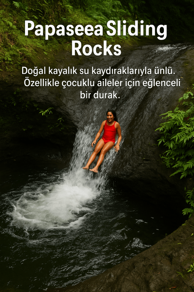 Bir kadın doğal kayalık su kaydıraklarından kayarken, etrafında yemyeşil bitki örtüsüyle çevrili bir havuzda bulunuyor.