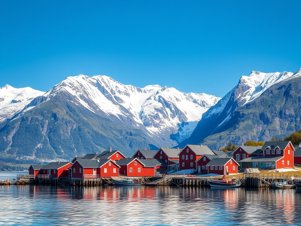 Kırmızı balıkçı evlerinin su kenarında sıralandığı bir köy manzarası, arka planda muhteşem dağlarla çevrili.