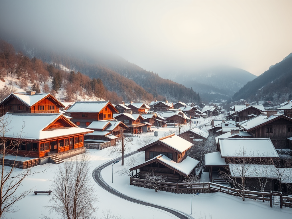 Karlı bir alanda yer alan geleneksel ahşap evlerin oluşturduğu bir köy manzarası, arka planda dağlar ve hafif sis görünmektedir.