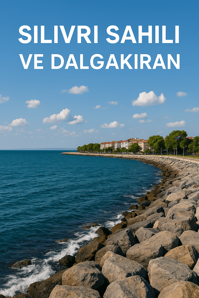 Silivri sahilinde dalgakıran, kıyıda kayalar ve mavi deniz, arka planda yeşil ağaçlar ve yapıların bulunduğu sıcak bir yaz gününde çekilmiş bir manzara.