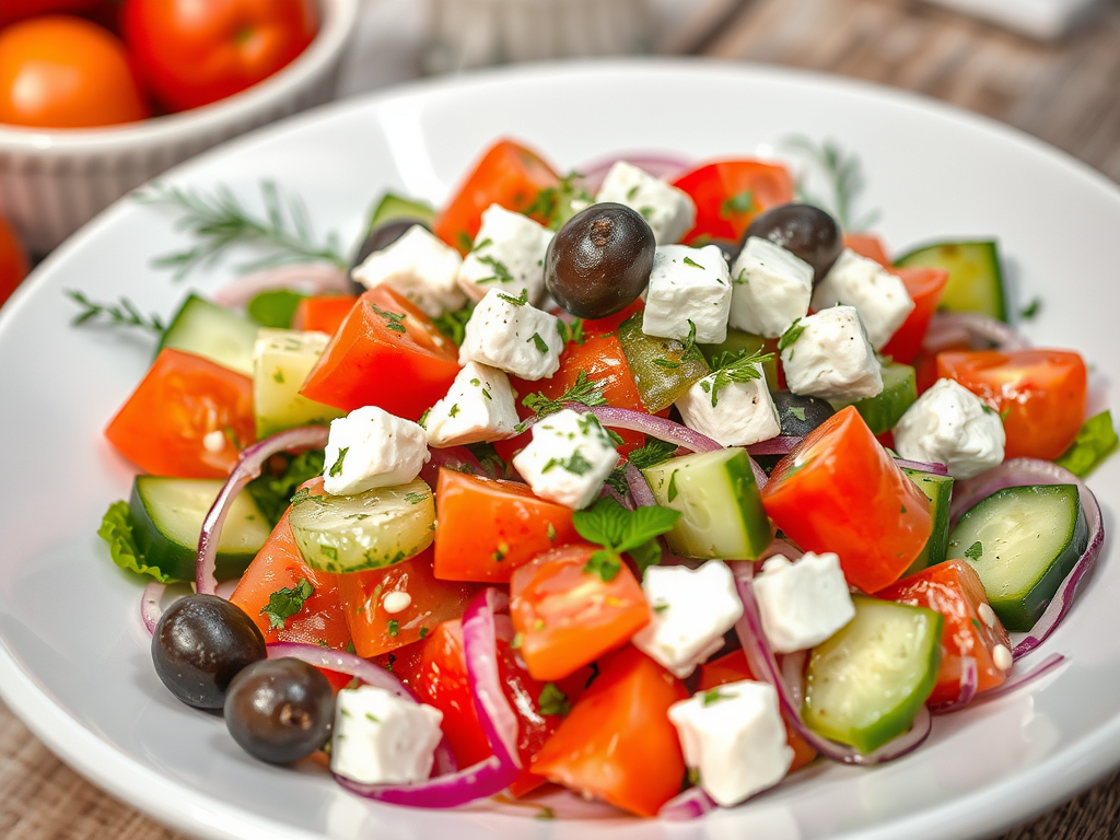 Renkli taze sebzeler, beyaz peynir ve zeytinle hazırlanan Yunan salatası, tabağın ortasında düzenlenmiş.