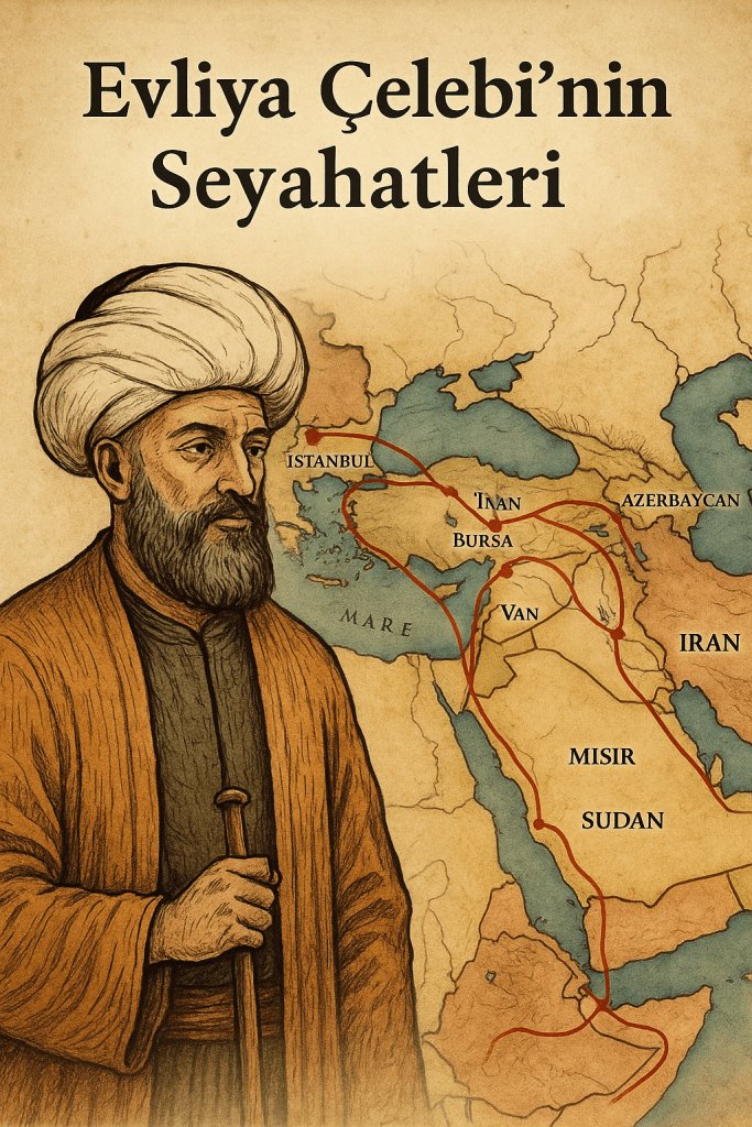 Evliya Çelebi'nin seyahatlerini gösteren illüstrasyon, harita üzerinde belirli coğrafi bölgeleri ve şehirleri içermektedir.