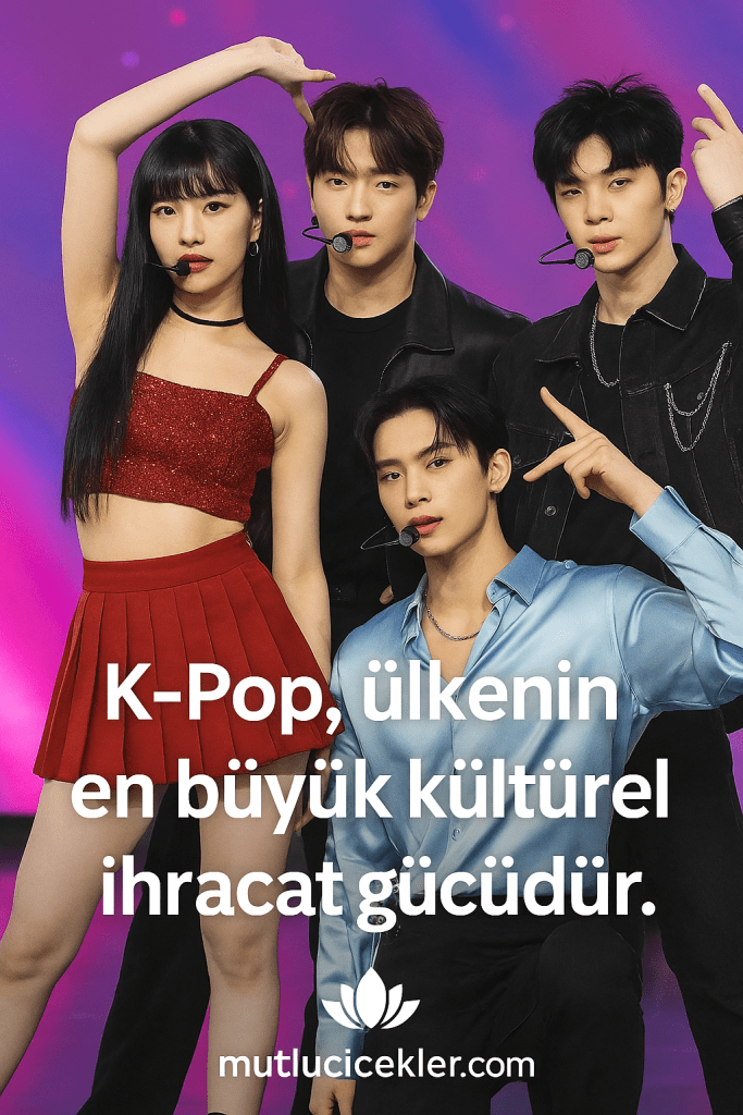 Dört K-Pop idolü farklı pozlar alarak renkli bir arka planda poz veriyor; kadın idol kırmızı, erkek idoller ise farklı kıyafetler giymekte.