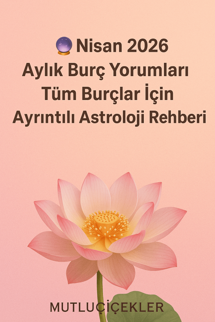Renkli bir arka plan üzerinde bir lotus çiçeği ve üzerinde 'Nisan 2026 Aylık Burç Yorumları Tüm Burçlar İçin Ayrıntılı Astroloji Rehberi' yazısı bulunan bir görsel.