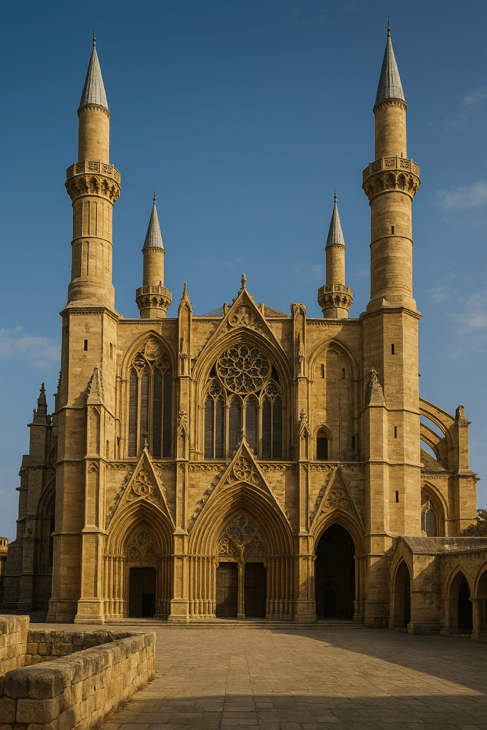 Lefkoşa'daki Selimiye Camii'nin dış cephesi, gotik mimarisi ve yüksek minareleriyle birlikte gün ışığında görünmektedir.