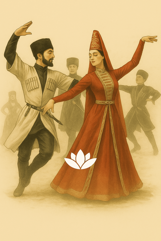 Adige (Çerkes) kültürünü temsil eden geleneksel kıyafetler içinde dans eden bir kadın ve erkek figürü, arka planda diğer dansçılar.