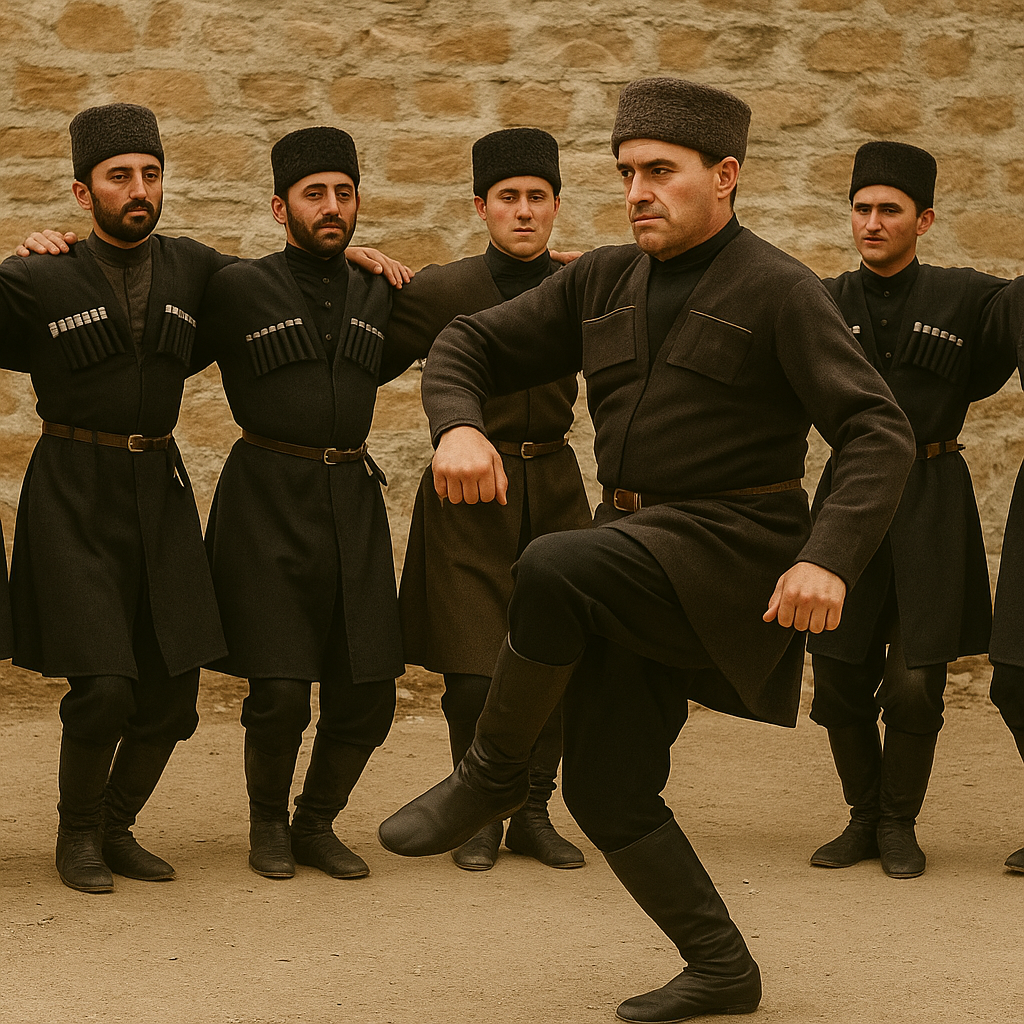 Bir grup erkek, geleneksel kıyafetler içinde dairesel bir dans yapıyor. Arka planda taş duvar görünmekte.