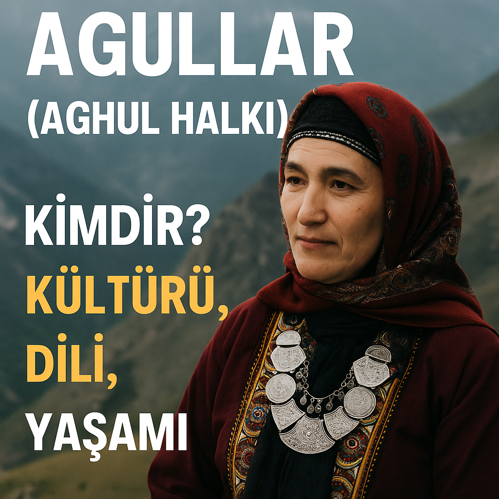 Bir Aghul kadını geleneksel kıyafetleriyle, dağ arka planda poz veriyor. Üzerinde işlemeli bir başörtüsü ve gümüş takılar var.