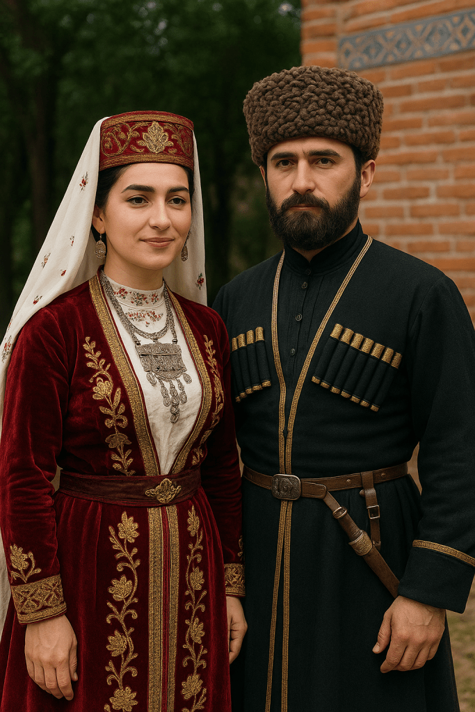 Ahıska Türkleri geleneksel kıyafetleriyle poz veren bir kadın ve erkeğin portresi.