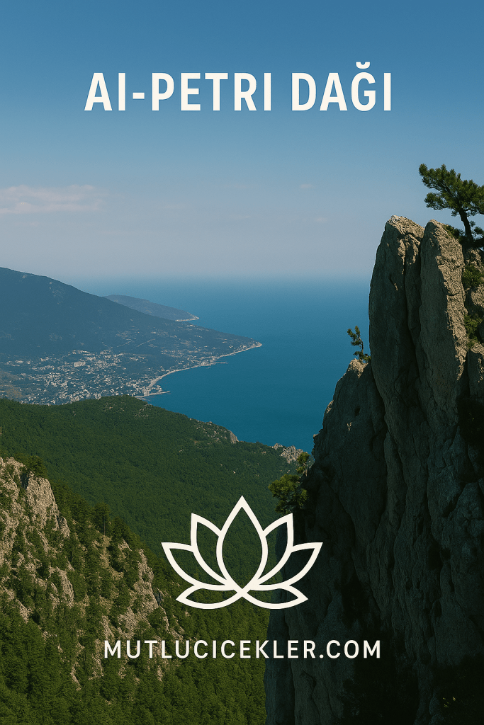 Ai-Petri Dağı'nın muhteşem manzarası, Arka planda deniz ve yeşil dağlarla birlikte kayalıkların görüntüsü.