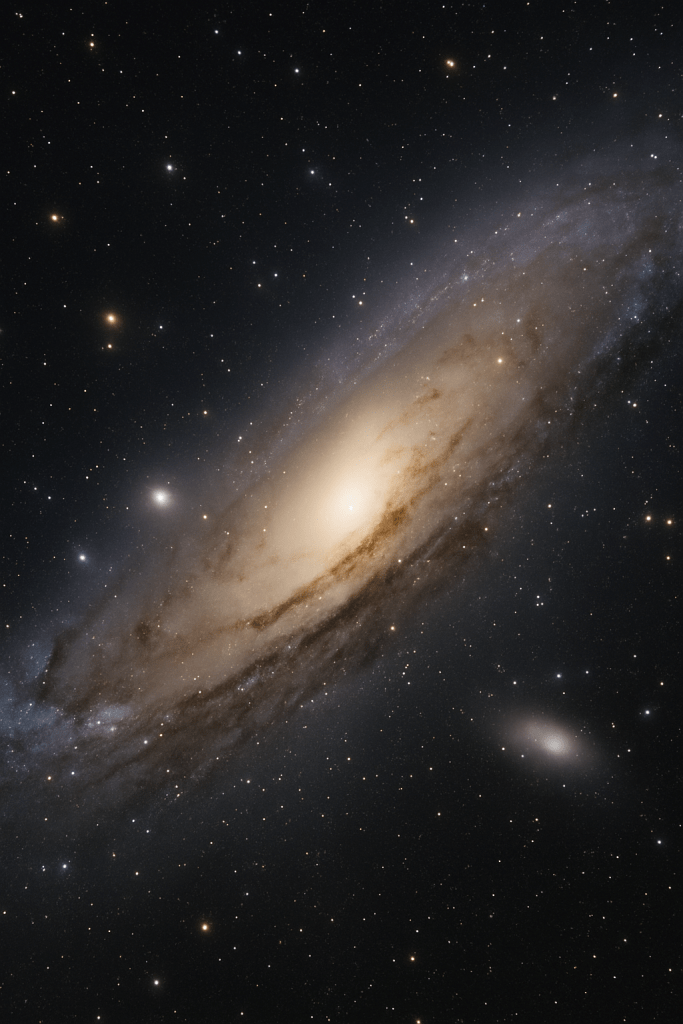 An image of the Andromeda Galaxy, showcasing its spiral structure with bright central bulge and surrounding stars against a dark starry background.