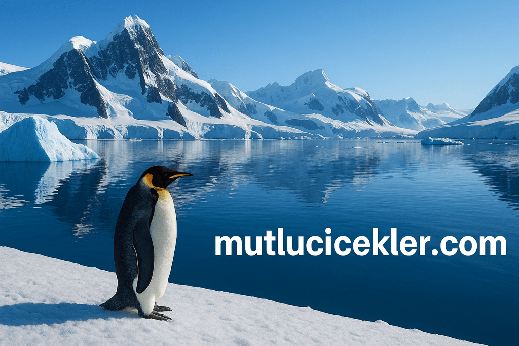 Antarktika'nın berrak sularında duran bir İmparator Pengueni, arka planda karla kaplı dağlar ve buzullar ile birlikte.