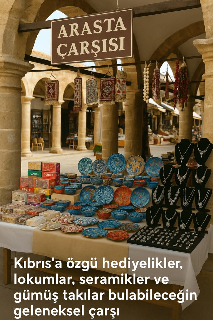 Kıbrıs'a özgü hediyelikler, lokumlar, seramikler ve gümüş takılar sunan Arasta Çarşısı.