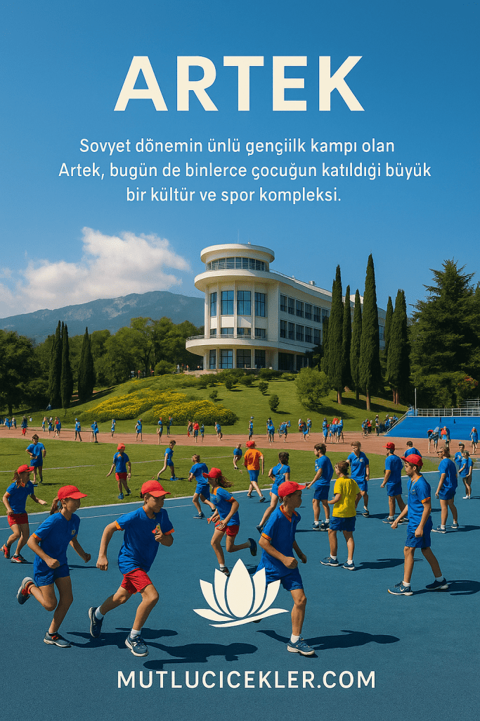 Artek'te yürüyüş yapan çocuklar, arka planda modern bir spor tesisinin bulunduğu bir açık alan.
