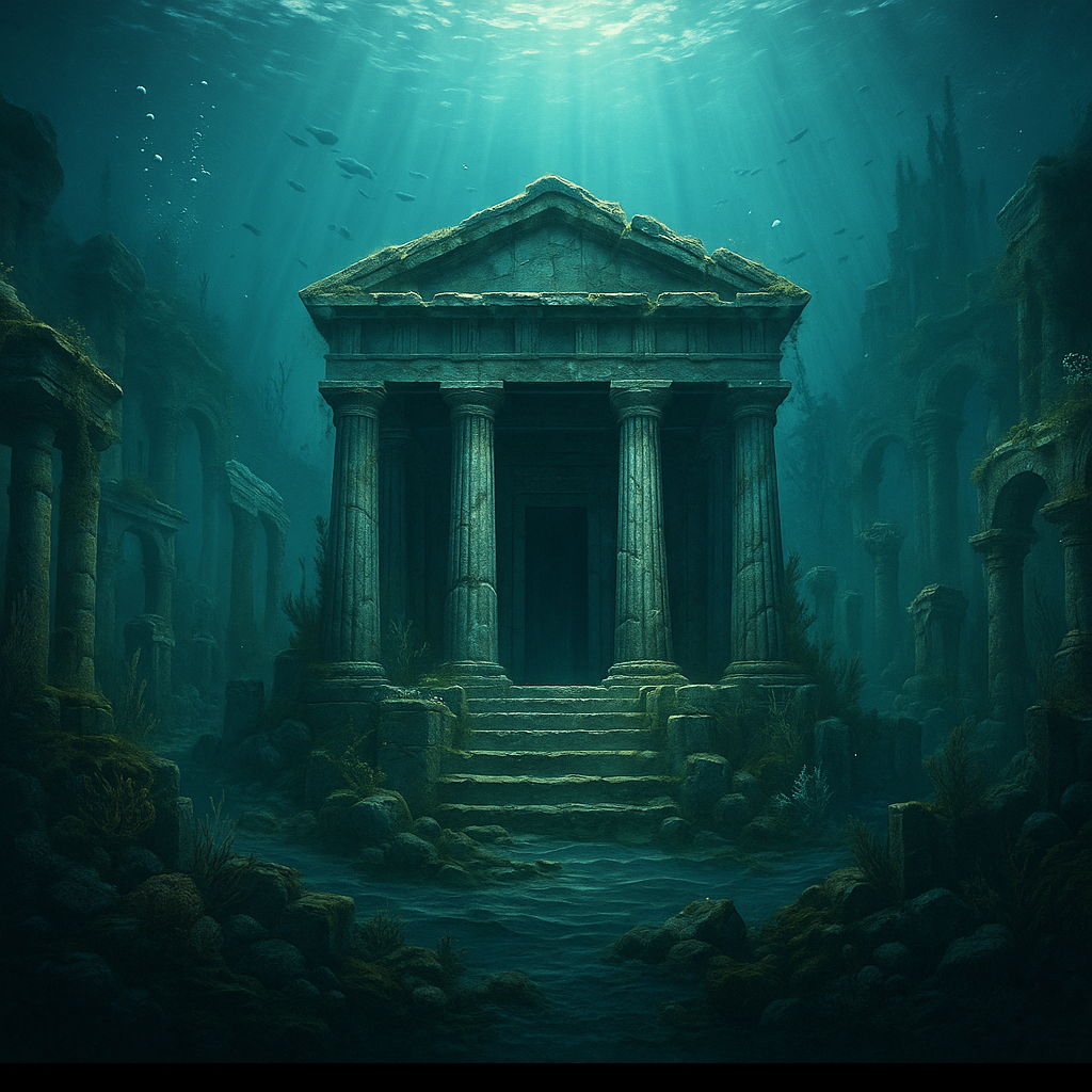 Sukut içinde kalmış antik bir tapınak, su altında yatan bitki örtüsü ve sualtı canlıları ile çevrili, mistik bir atmosferde tasvir edilmiştir.