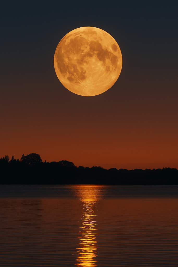 Büyük ve parlak bir Süper Ay, gökyüzünde altın turuncu tonları arasında parlayarak, bir su yüzeyine yansıdığı görüntü.