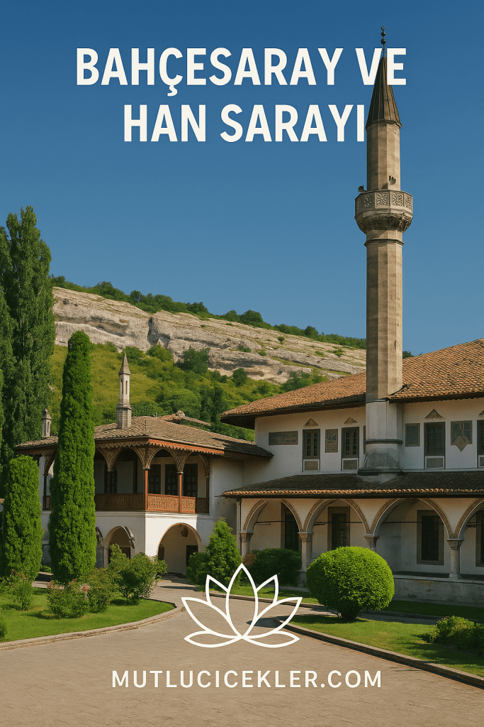 Bahçesaray ve Han Sarayı, tarihi ve mimari özellikleriyle öne çıkan bir yapı. Çam ağaçları ve yeşil alanlarla çevrili, yemyeşil bir manzara arka planda.