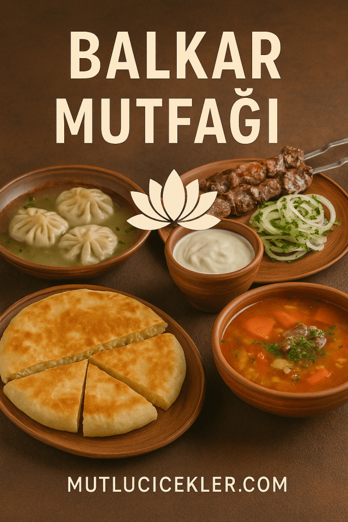 Balkar mutfağının örnek yemeklerinin görseli; çömlek tabaklarda gıvbı, et yemekleri, ayran, sebzeler ve çorba ile birlikte renkli ekmek.