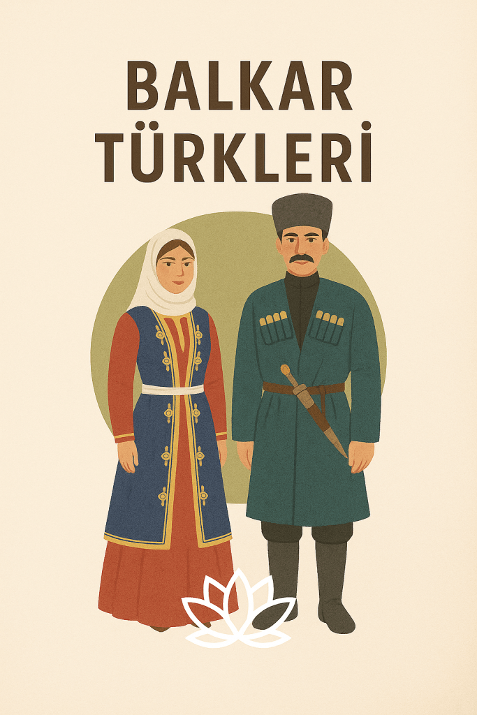 Balkar Türkleri'ni temsil eden geleneksel kıyafetler giyen bir kadın ve erkek illüstrasyonu, arka planda lotus sembolü ile birlikte.