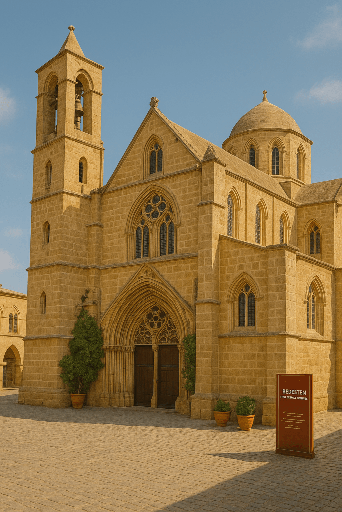 Bedesten (St. Nicholas Kilisesi) yapısının dış cephesi, gotik mimarisi ve taş yapısıyla dikkat çekiyor, önünde bilgi panosu yer alıyor.